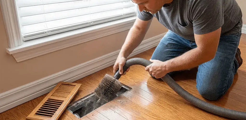 Air duct cleaning technician vacuuming a floor vent and duct opening in Los Angeles, CA