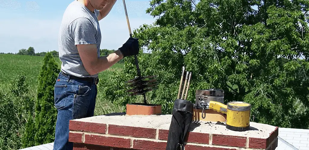 Chimney cleaning technician working on a rooftop chimney with professional tools in Los Angeles, CA