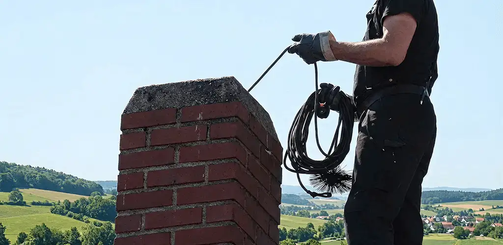 Chimney sweep inspecting and cleaning a rooftop chimney in Los Angeles, CA