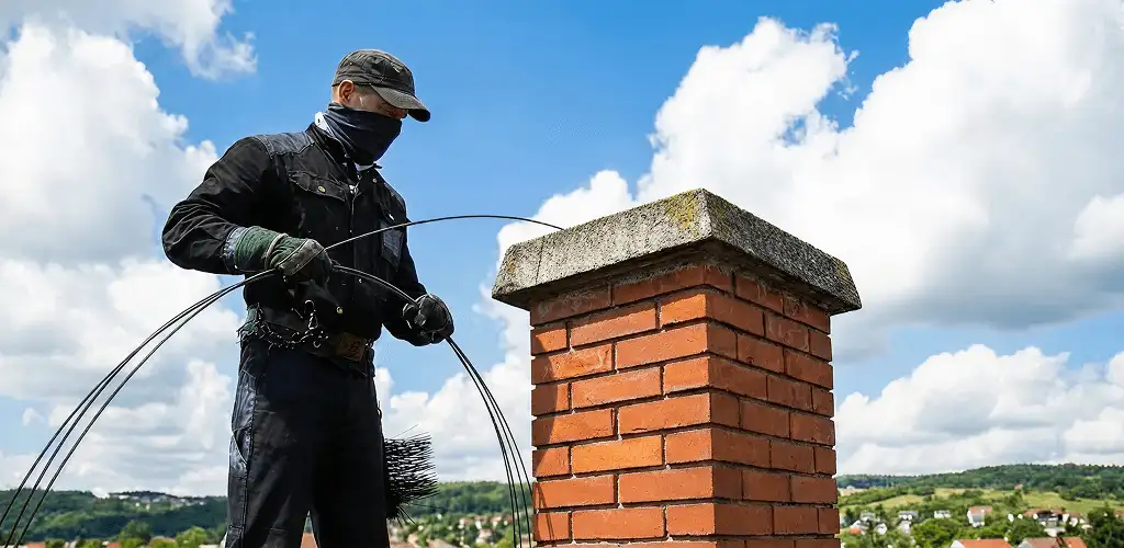 Chimney sweep cleaning a brick chimney with professional tools in Los Angeles, CA