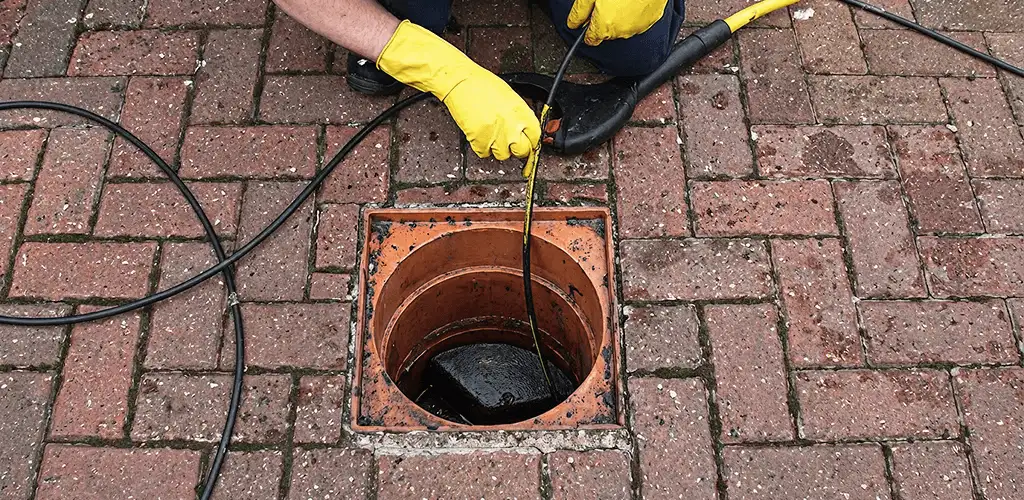 Drain cleaning technician using a drain snake to clear a clogged drain in Los Angeles, CA