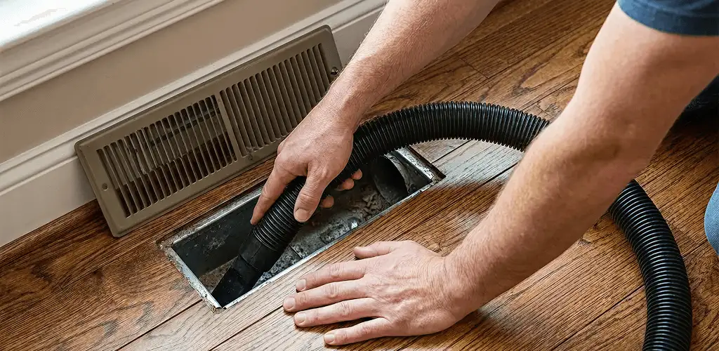 Air duct cleaning technician vacuuming a floor register and duct opening in Los Angeles, CA