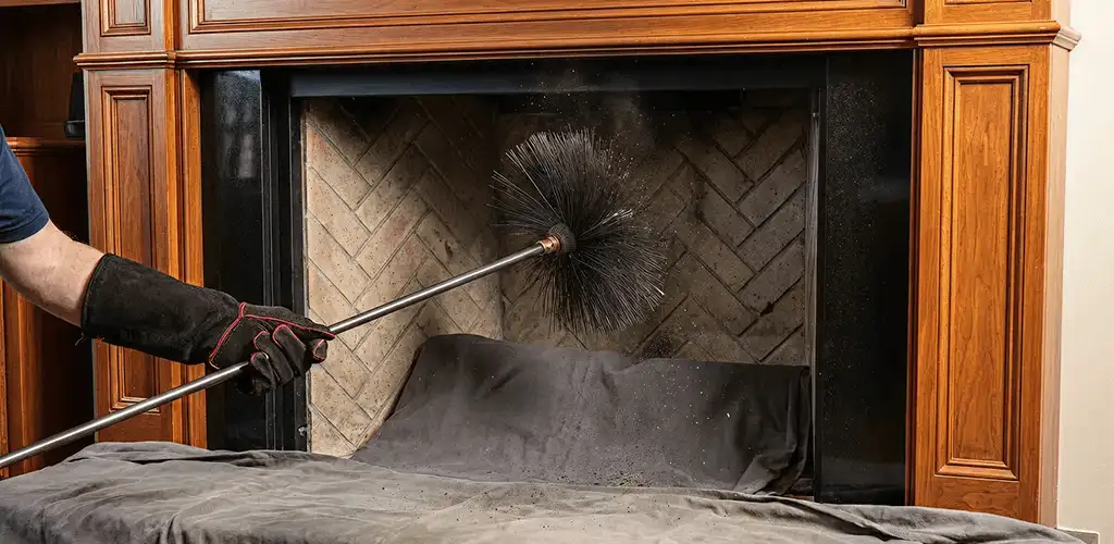 Chimney cleaning service brushing soot from a fireplace and flue in Los Angeles, CA