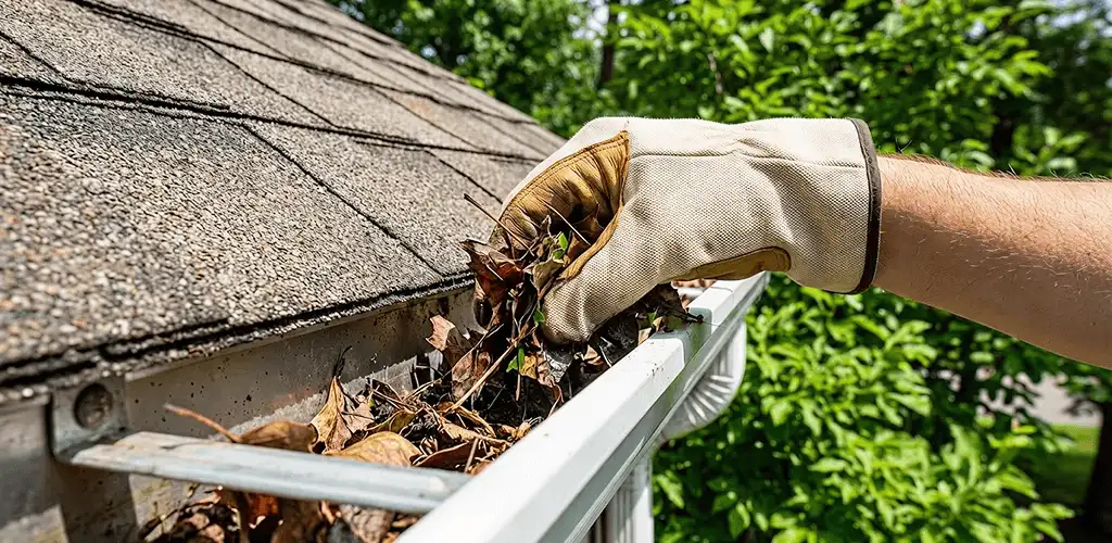 Gutter cleaning removing leaves and debris from roof gutters in Los Angeles, CA