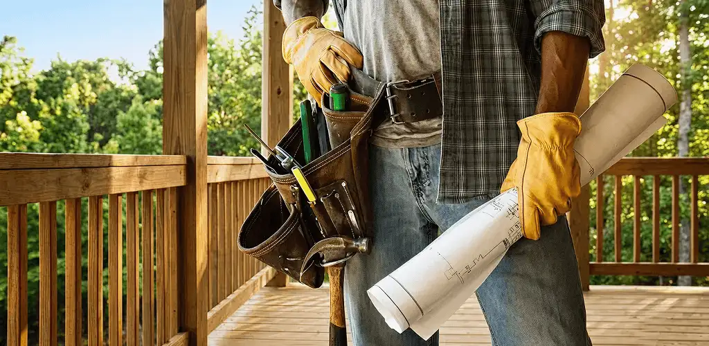 Professional handyman with tool belt ready for home repairs in Los Angeles, CA