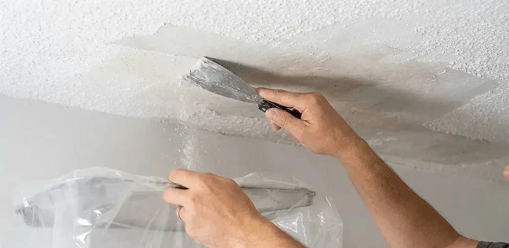 Popcorn ceiling removal technician scraping texture from a ceiling in Los Angeles, CA