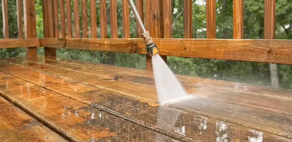 Pressure washing a wood deck to remove dirt and buildup in Los Angeles, CA