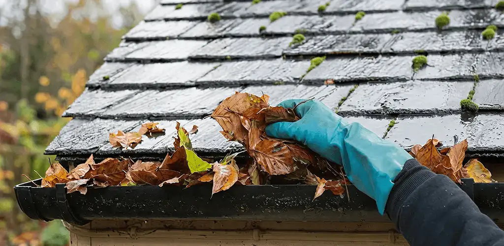 Gutter cleaning technician clearing wet leaves from roof gutters in Los Angeles, CA
