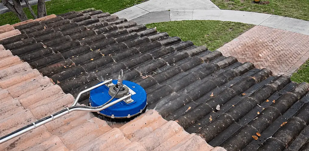 Roof pressure cleaning removing debris and buildup from roof tiles in Los Angeles, CA