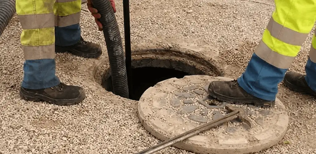 Drain cleaning crew clearing a sewer access point with professional equipment in Los Angeles, CA