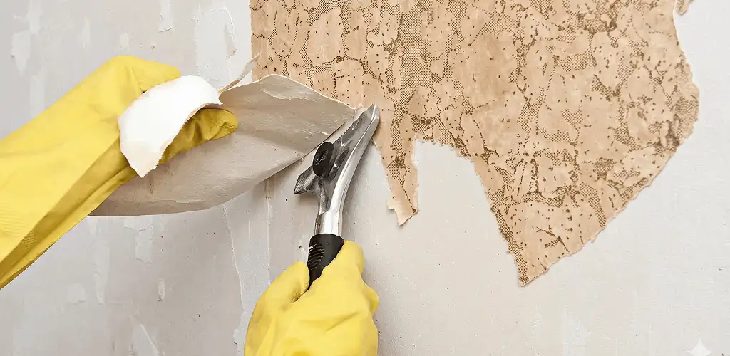 Wallpaper removal service stripping old wallpaper from a wall in Los Angeles, CA